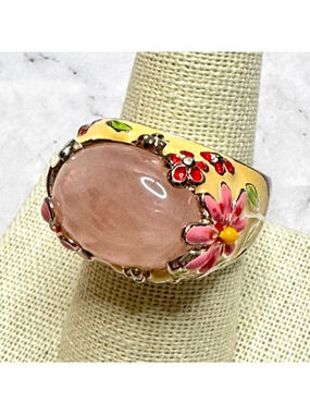 Vtg David Sigal Rose Quartz Ring 925 Silver Yellow Enamel Floral Cab Sz 9 QVC